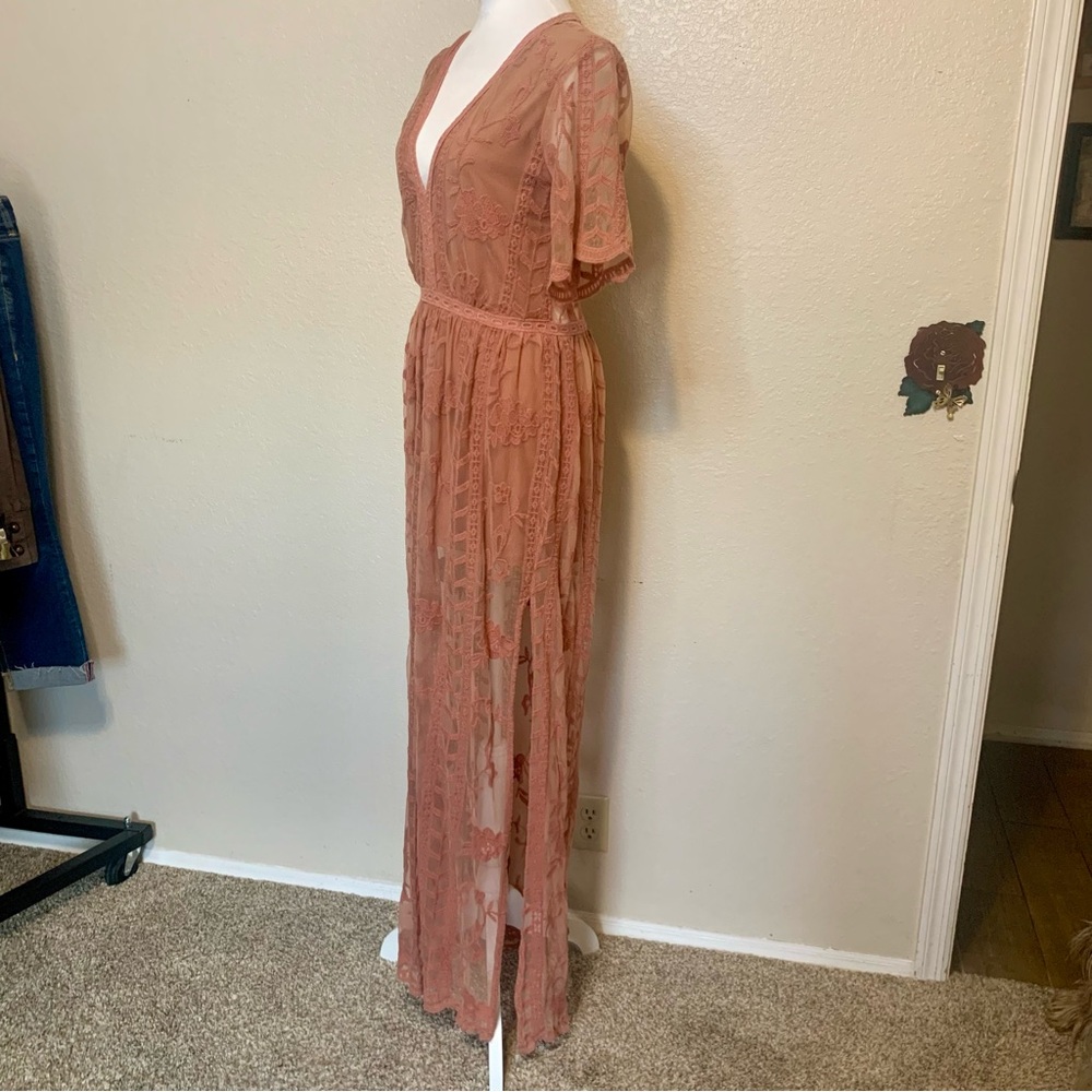 Socialite Nordstrom Lace Overlay Romper Boho Maxi Dress Dusty Pink Size Large - Picture 6 of 16